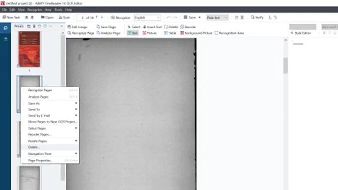 ABBYY FineReader’s page list with a blank page selected and the Delete command highlighted in the right-click menu