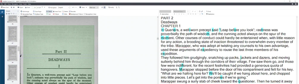 A scanned page reading “Part II, Deadways, I” beside the recognized text, now tagged PART 2 and CHAPTER 1