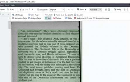 A scanned page in ABBYY FineReader whose right edge is cut off mid-word