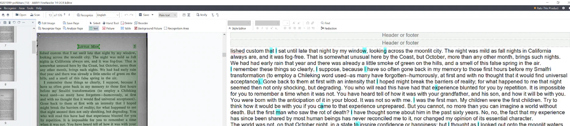 ABBYY FineReader with the running head and page number of a scanned page recognized as “Header or footer” and kept out of the body text